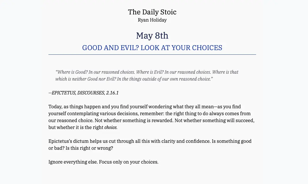 The Daily Stoic site showing a day's entry