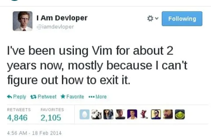 A meme capturing first-time Vim confusion