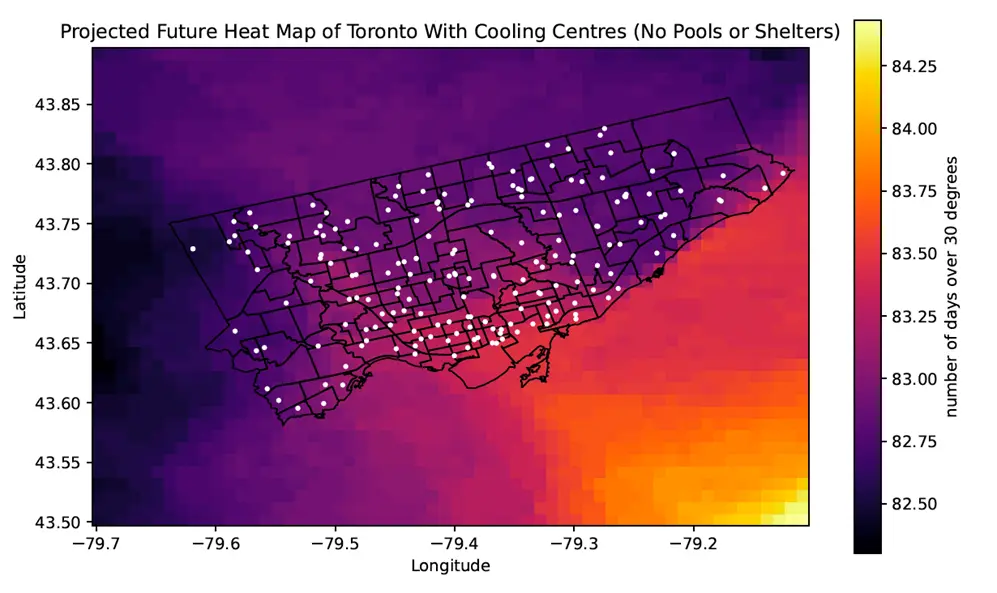 Downscaled forecast heat map with proposed cooling-center overlay