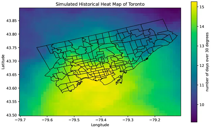 Current heat map of average degree-days above 30°C per year in Toronto